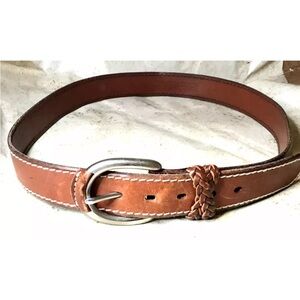 Fossil Belt Brown Leather Mens Size L Silver Tone Oval Buckle White Stitching